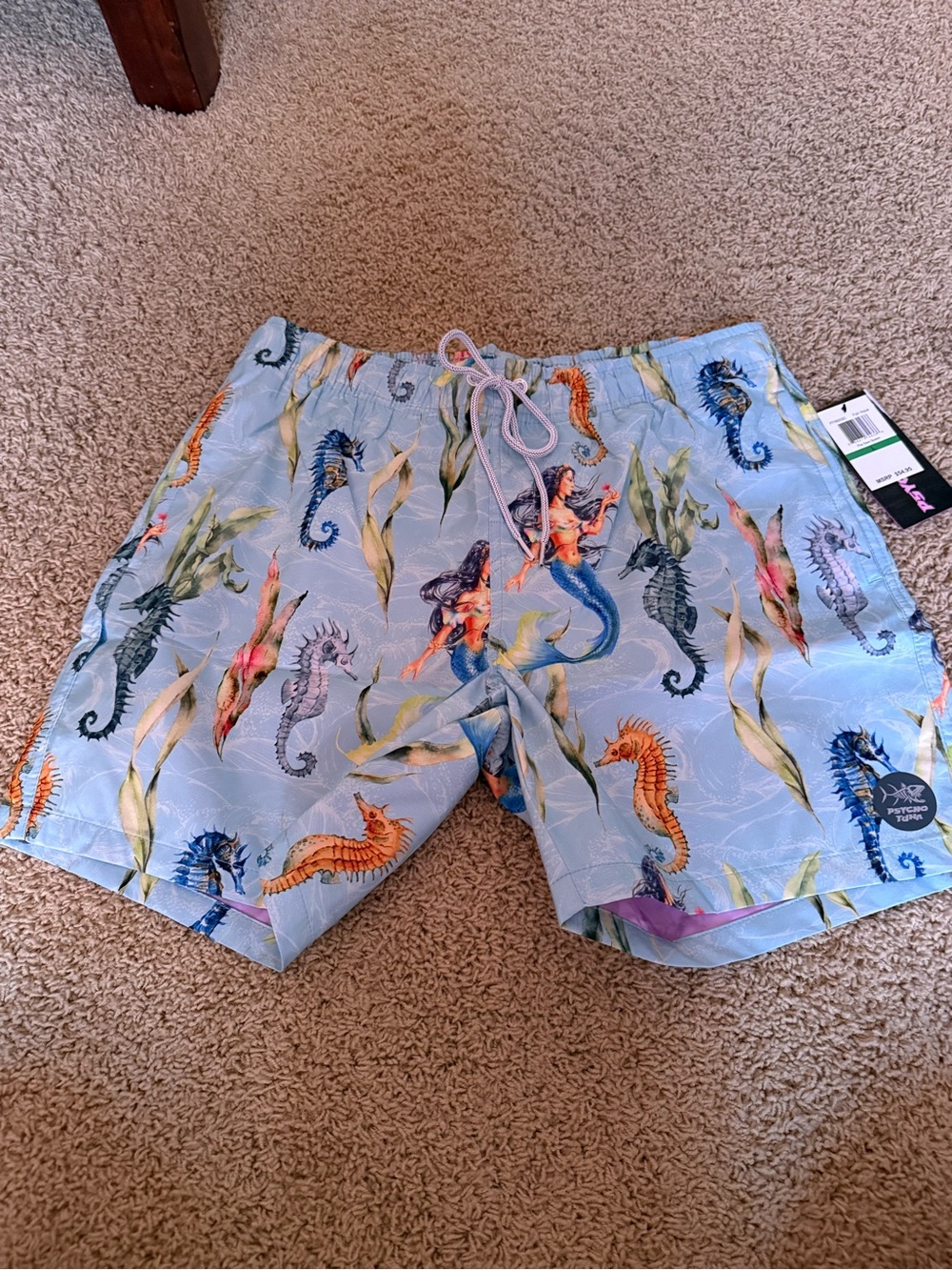 Psycho Tuna Light Blue Seahorse & Mermaid Print Swim Trunks -